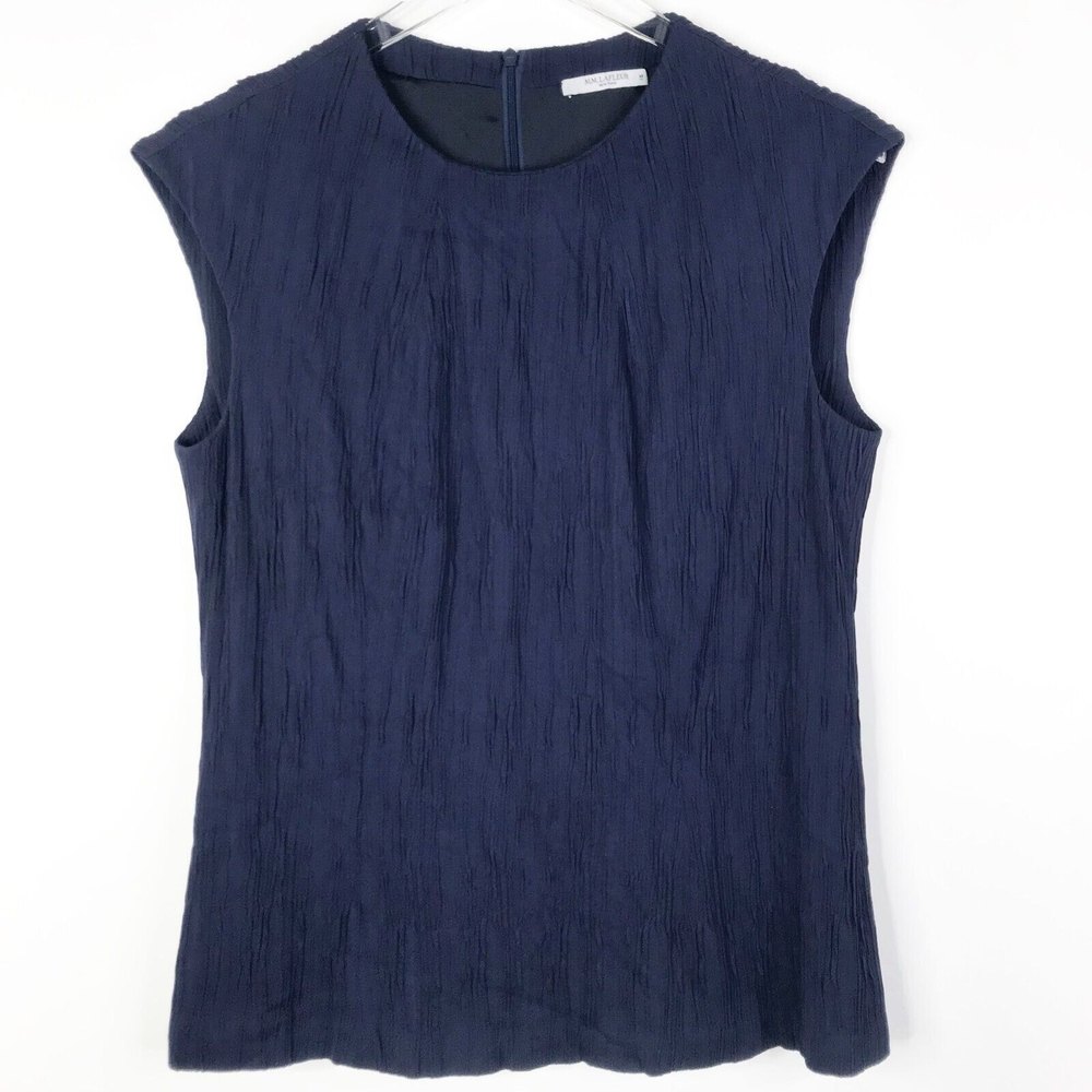 MM. Lafleur Blouse Womens Medium Navy Blue Crinkle Textured Sleeveless Crew Neck